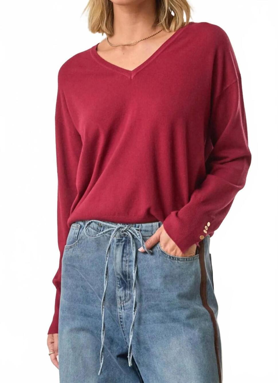 NEW SKIES ARE BLUE v-neck buttoned sleeve sweater in burgundy